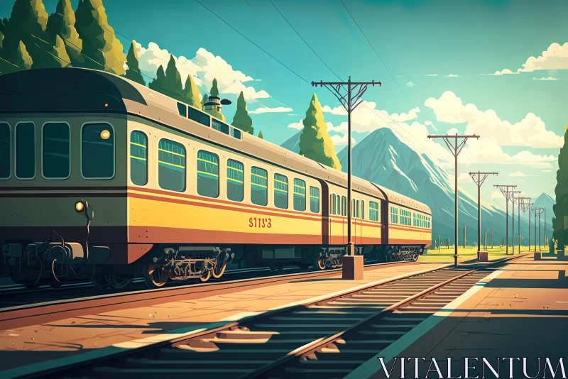 Retro Train Illustration Near Mountains with Trees AI Image