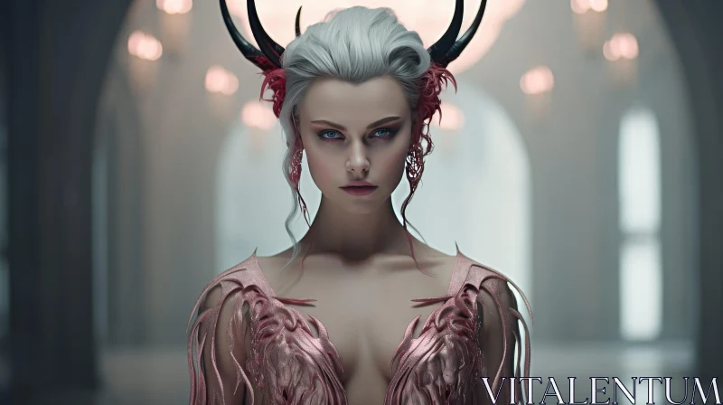 AI ART Serious Woman with White Hair and Black Horns