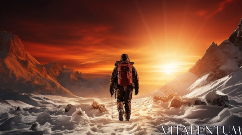 Snowy Mountain Hiking Adventure at Sunset AI Image
