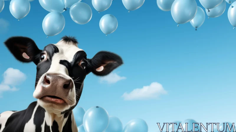 Surprised Cow in Field with Blue Balloons AI Image