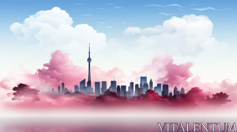 Tranquil City Skyline with Pink Mist and Pink Trees AI Image