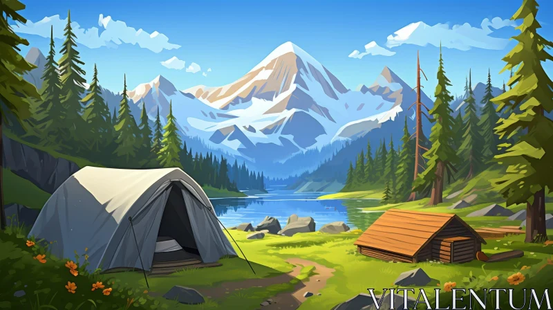Tranquil Mountain Landscape with Lake and Tent AI Image