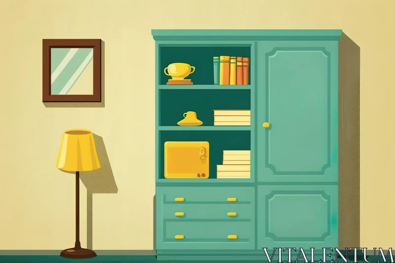 Whimsical Armoire Illustration in Dark Turquoise and Light Yellow AI Image
