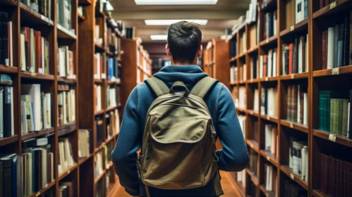 Young Male Student Walking in Library
