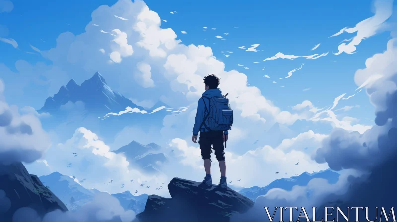 Young Man on Mountaintop - Serene Nature View AI Image