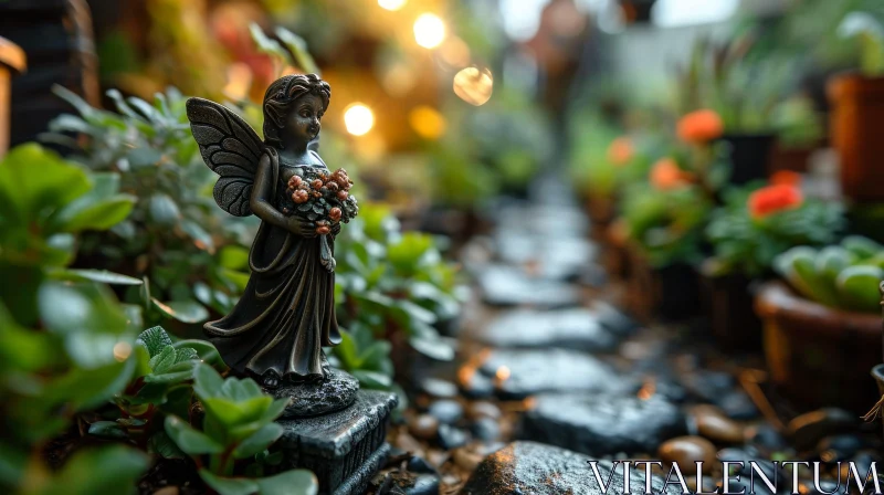 Bronze Fairy Statue in a Enchanting Garden AI Image