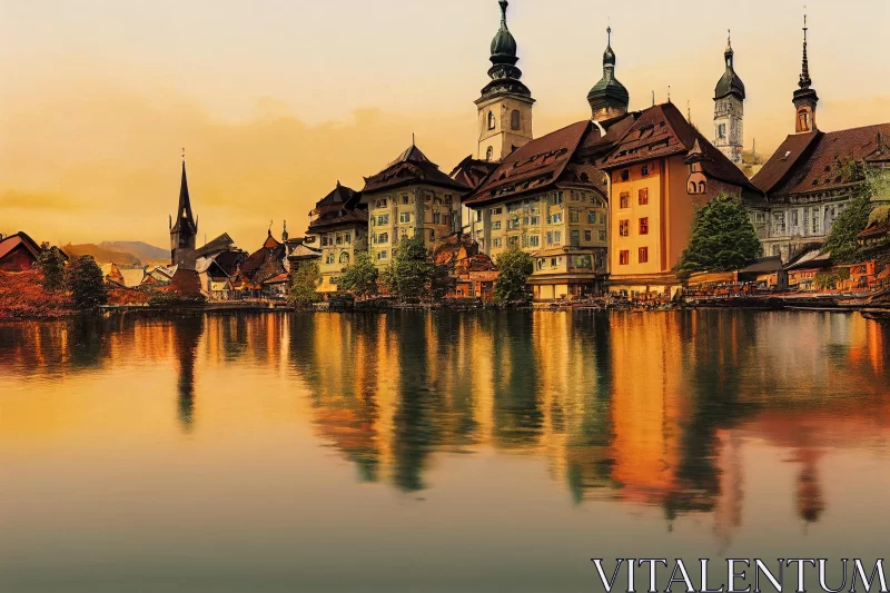 Captivating Reflections: Old German Towns and Lake AI Image