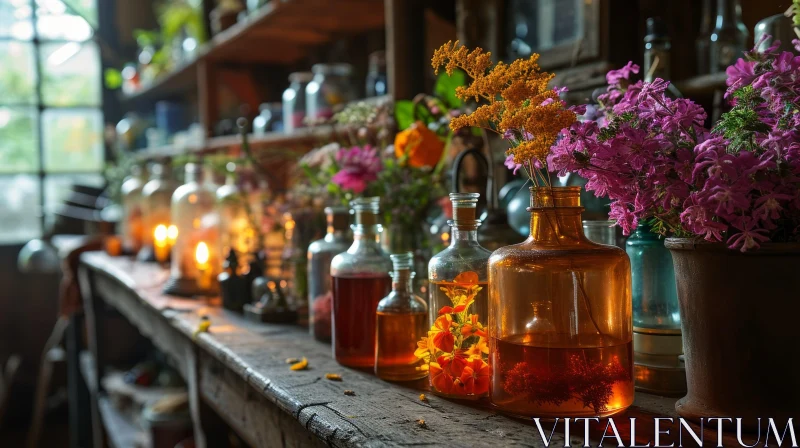 Captivating Still Life on a Wooden Table with Glass Bottles and Flowers AI Image