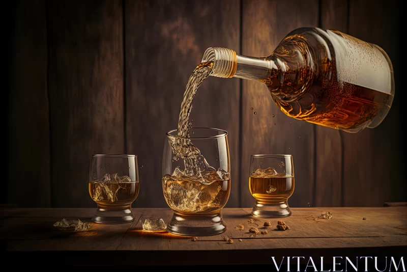 Captivating Whiskey Pouring into Glasses on Wooden Table AI Image