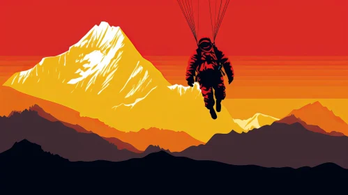 Cartoon Illustration of Person Parachuting Over Mountain Range