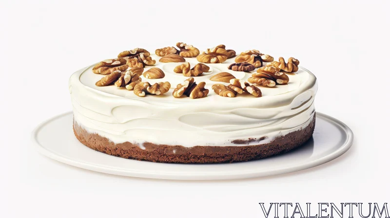 Delicious Cake with Walnut Halves on White Plate AI Image