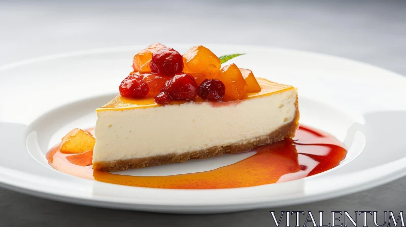 Delicious Cheesecake with Fruit Sauce and Berries AI Image