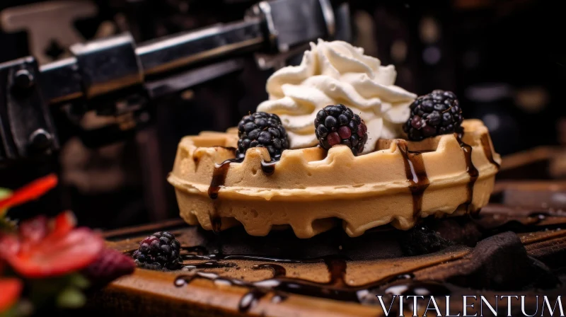 AI ART Delicious Golden Waffle with Blackberries and Cream
