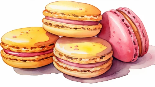 Delicious Watercolor Painting of Multicolored Macarons