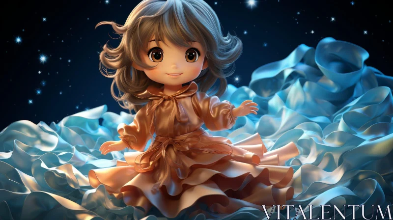Enchanting Anime Girl in Golden Dress on Cloud with Stars AI Image