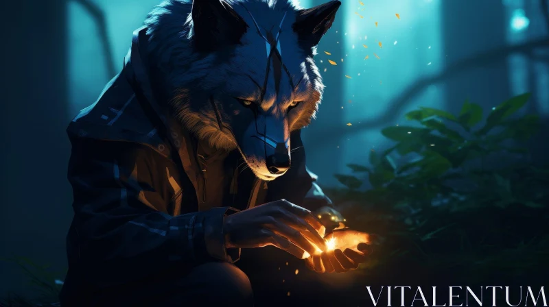 Enigmatic Wolf-Like Creature in Dark Forest - Digital Painting AI Image