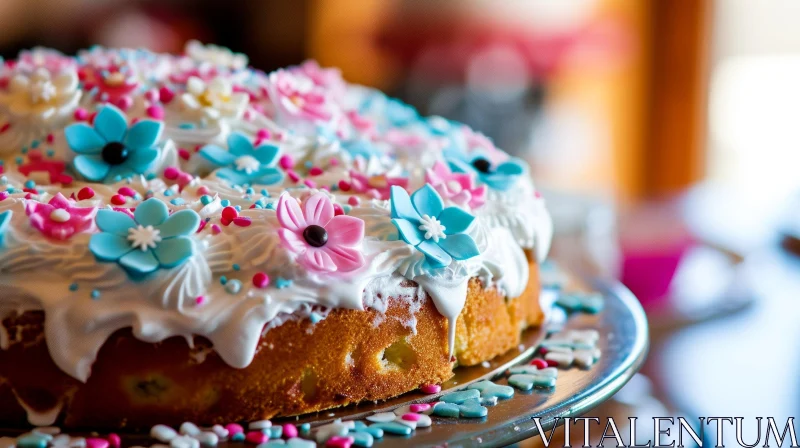 Exquisite Cake Decoration: White Icing and Colorful Sugar Flowers AI Image