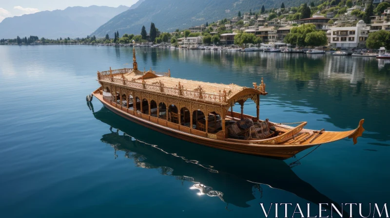 Golden Boat at Mountain Lake AI Image