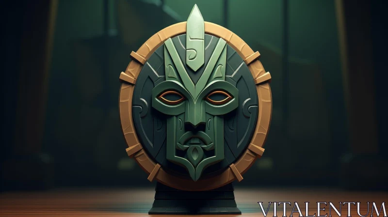 Mayan Aztec 3D Mask Rendering in Green and Gold AI Image