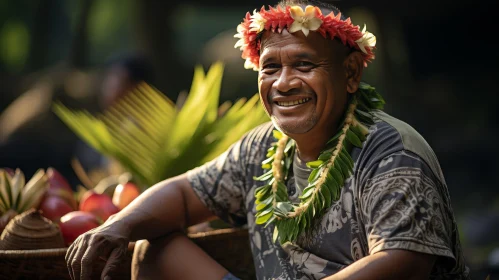 Polynesian Man in Traditional Attire Smiling in Tropical Setting