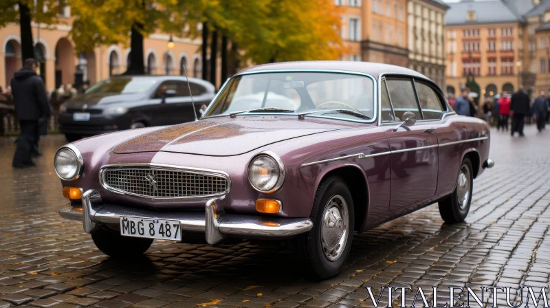 Purple Vintage Car on Cobblestone Street AI Image