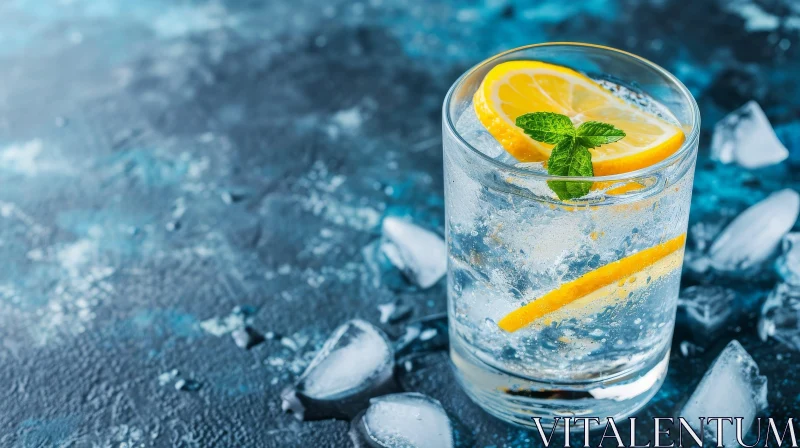 Refreshing Lemon and Mint Glass on Blue Table AI Image