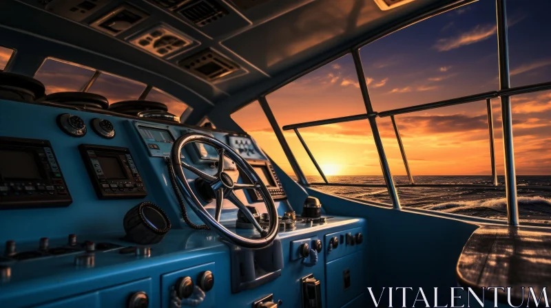 Serene Boat Interior at Sunset on Water AI Image