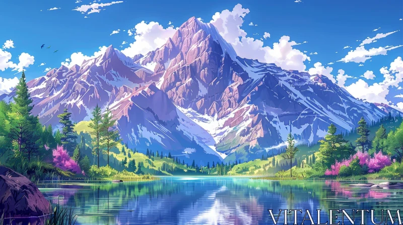 Tranquil Mountain Landscape with Lake and Trees AI Image