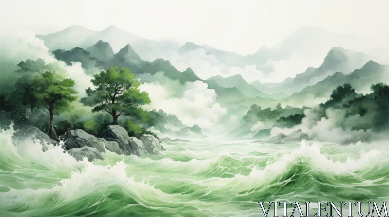 Tranquil River Landscape Painting AI Image
