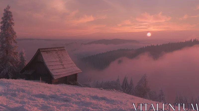 Tranquil Winter Landscape with Moon and Cabin AI Image