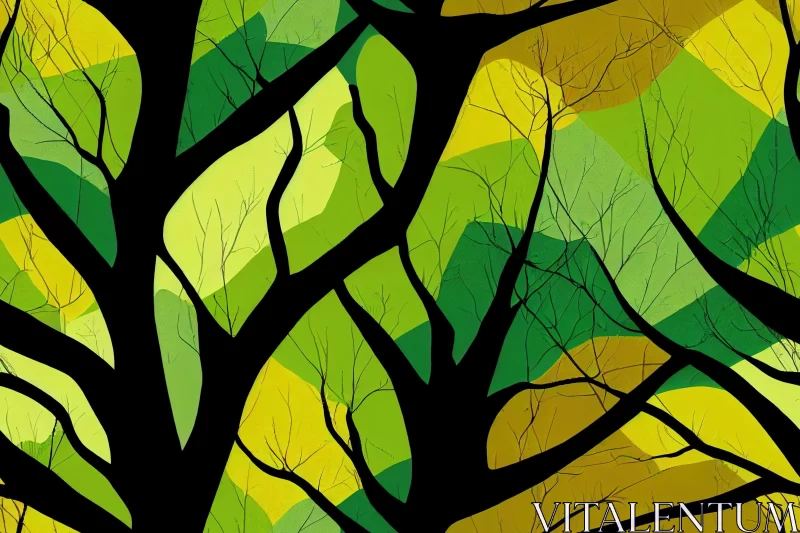 Vibrant Abstract Tree Pattern: Light Green and Dark Black Artwork AI Image
