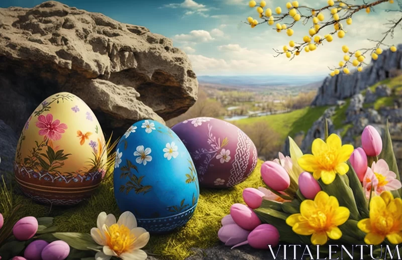 Vibrant Easter Eggs in a Picturesque Valley with Flowers AI Image