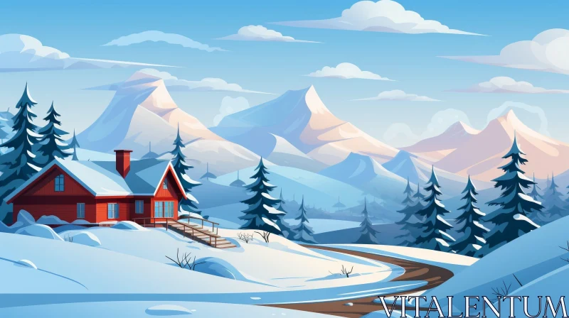 AI ART Winter Forest Cabin Landscape