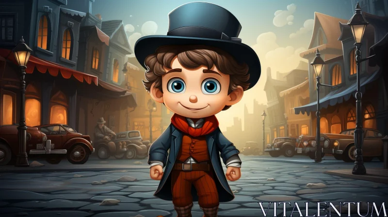 Young Boy in Vintage Clothes Cartoon Illustration AI Image