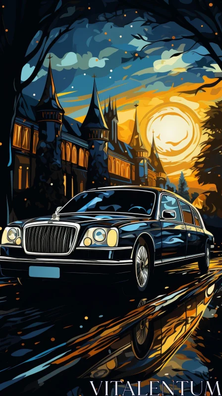 Black Luxury Car Parked in Front of Castle at Night AI Image