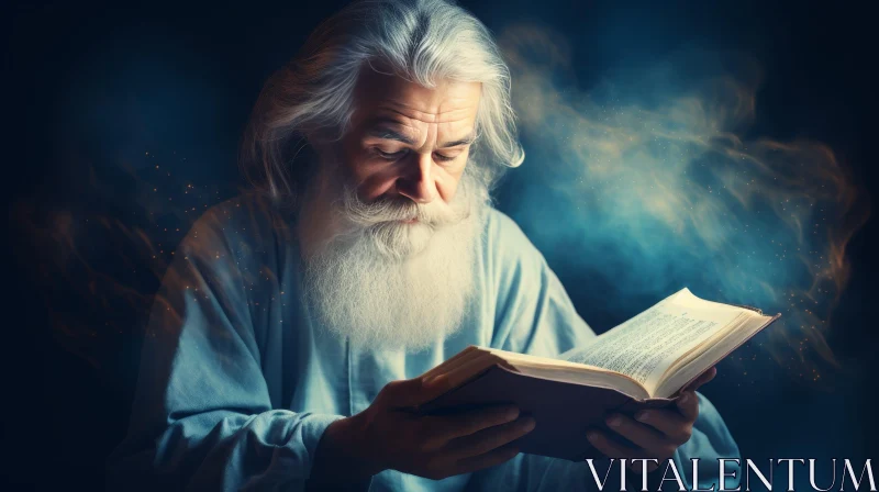 AI ART Elderly Man in Blue Robe Reading Book Under Blue Light