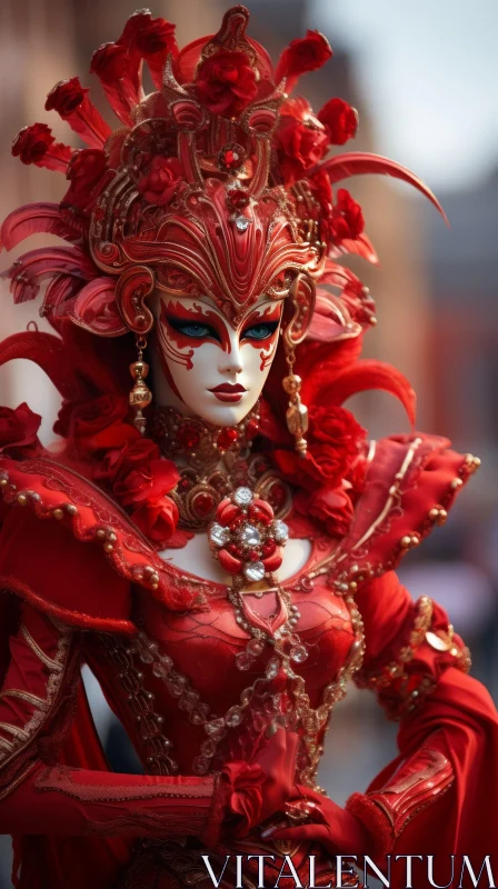 Elegant Woman in Red Venetian Mask with Jewels AI Image