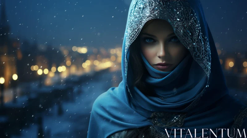 AI ART Elegant Woman Portrait in Blue Headscarf at Night