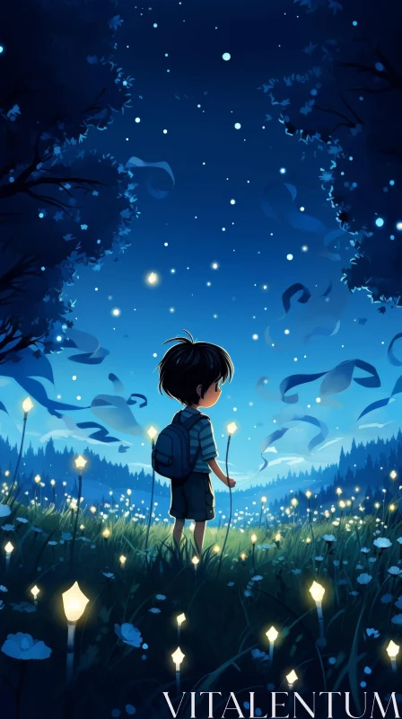 Enchanting Night Sky Illustration with Boy and Glowing Flower AI Image
