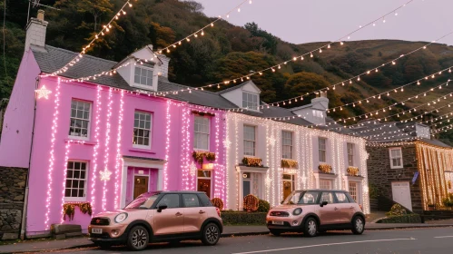 Enchanting Street Scene with Pink and White Houses