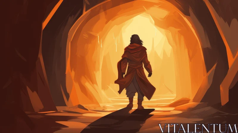 Enigmatic Figure in Red Cloak - Cave Illumination AI Image