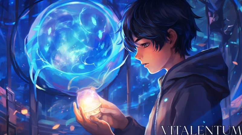 Enigmatic Painting: Boy with Glowing Blue Orb AI Image