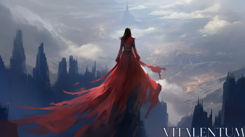Enigmatic Woman in Red Dress on Cliff Overlooking City AI Image