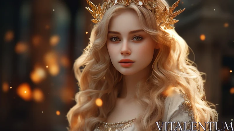 Golden Crowned Woman in Fantasy Setting AI Image