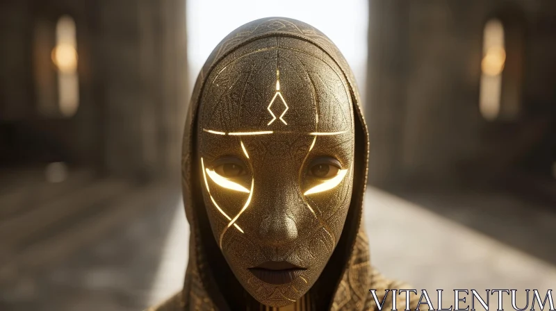 Golden Mask 3D Rendering - Enigmatic Woman's Face AI Image