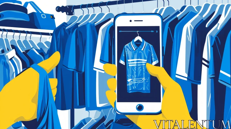 Hand Holding Smartphone in Clothing Store - Blue and White Shirt AI Image