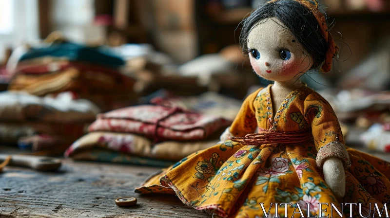 Handmade Fabric Doll on Wooden Table | Sewing Room Art AI Image
