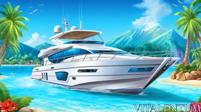 Luxury Yacht on Tropical Beach - Digital Painting AI Image