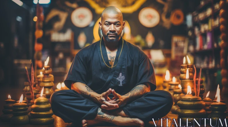 Meditating Black Man in Martial Arts Uniform AI Image