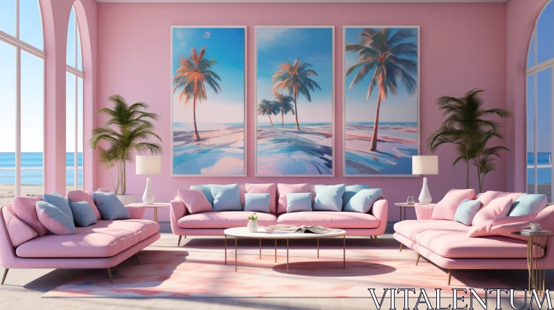 AI ART Modern Living Room with Pink Walls and Palm Tree Paintings